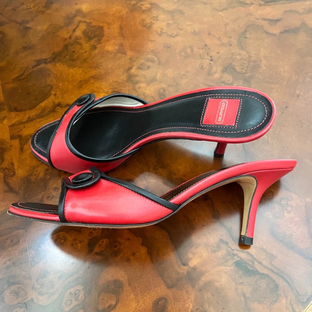 Coach Leather Red/Black Open Toe Slide Sandals Heels Button Italy Size 6B - Picture 6 of 8